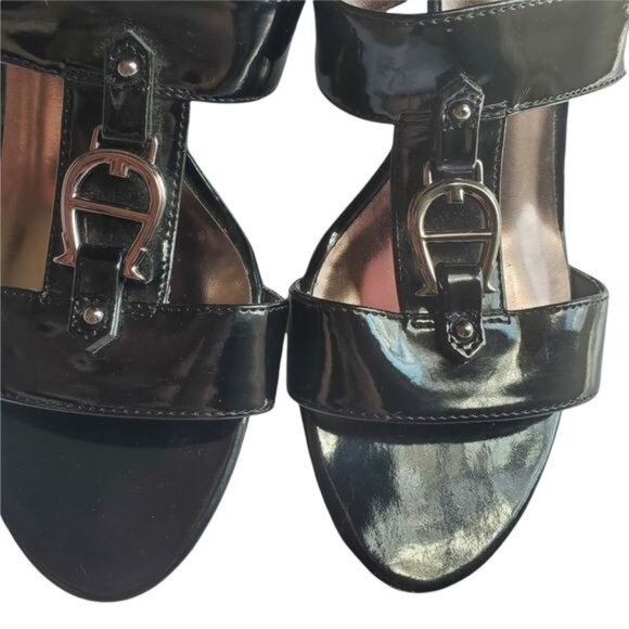 ETIENNE AIGER Womens Milo Heeled Sandal SZ 7M Black Horseshoe‎ Open Toe Straps - Picture 6 of 10